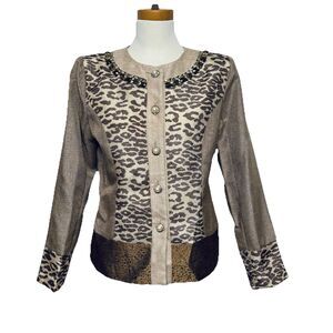 Julia K Animal Print Metallic Thread Jacket Big Pearl / Rhinestone Buttons NWT M